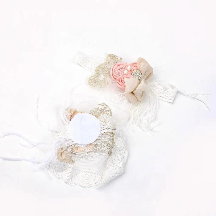 Elegant Vintage Baby Headband with Satin Flower, Feather, and Pearl Details