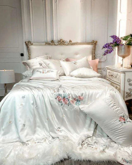 Chic Floral Embroidered Eucalyptus Fiber Bedding Collection - Available in Queen & King Sizes, Includes Duvet Cover, Sheets & Pillowcases