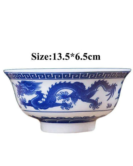 Set of 6 Elegant Blue and White Porcelain Ramen Bowls Featuring Vintage Chinese Dragon Design