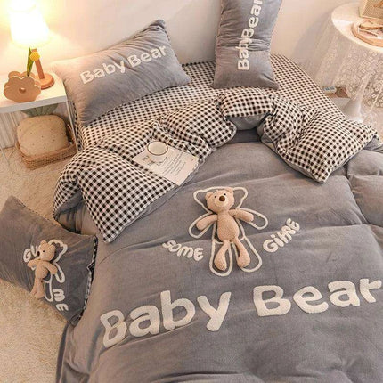 Cozy Plush Velvet Flannel Fleece Bedding Set with Adorable Toy Beardecorate - Complete Duvet Cover, Sheet, and Pillowcase Collection for Full, Queen, and King Beds