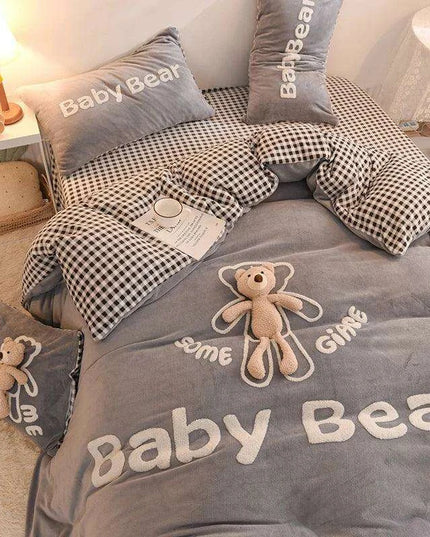 Cozy Plush Velvet Flannel Fleece Bedding Set with Adorable Toy Beardecorate - Complete Duvet Cover, Sheet, and Pillowcase Collection for Full, Queen, and King Beds