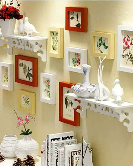 Elegant 13-Piece White Wood Carved Photo Frame Collection with Shelf Accents