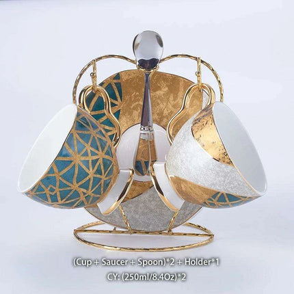 Luxurious Gold-Trimmed Bone China Tea and Coffee Set - 250ml Exquisite Porcelain Cup, Saucer & Spoon Collection