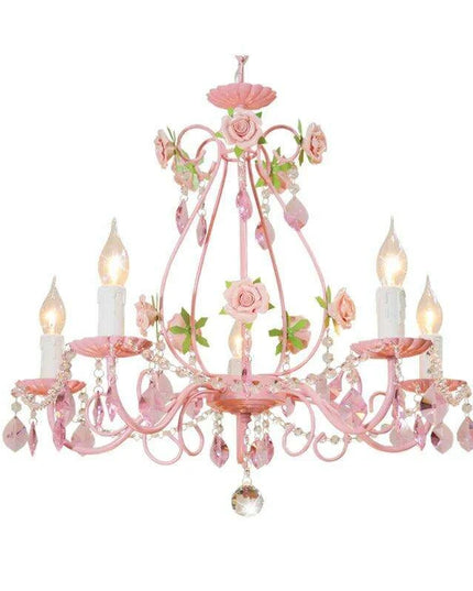 Chic Pink Crystal Pendant Light - Modern Iron Chandelier for Stylish Girls' Bedrooms and Living Areas with E14 LED Compatibility