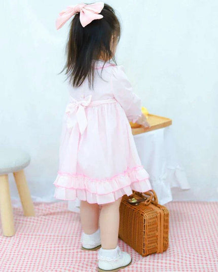 Charming Handmade Long Sleeve Pink Cotton Dress with Floral Embroidery for Girls