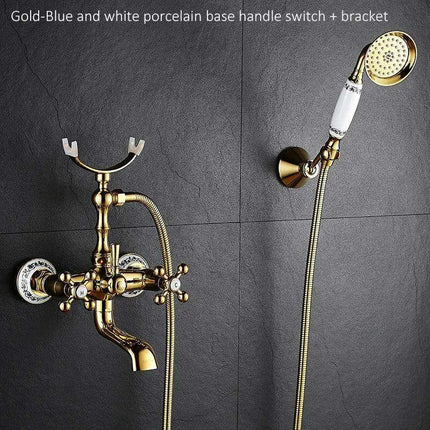 Luxurious Gold Brass Bathtub Faucet with Crystal Accents and Hand Shower