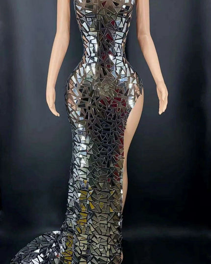 Glistening Silver Sleeveless Floor-Length Gown with Exquisite Train