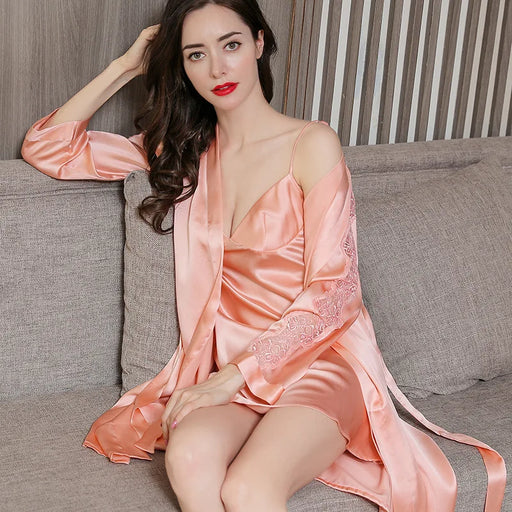 Enchanting Night Bliss: Birdsky Mulberry Silk Nightdress Set with Lace Sleeves