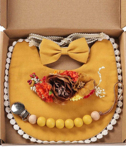 Chic Floral Baby Care Set: Bib, Headband, and Silicone Pacifier Clip in Festive Gift Box