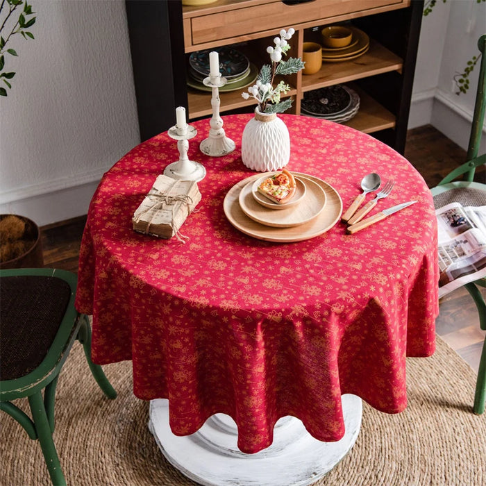 Elegant Floral Print Cotton Linen Table Cover with Tassel Trim - Round Protector