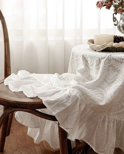 Elegant Embroidered Lace Table Cover - Premium Cotton Ruffles for Dining Sophistication