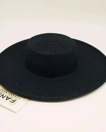 Elegant Black Wide Brim Flat Top Straw Hat for Women - Summer Sunshade Vacation Beach Accessory with French Retro Style