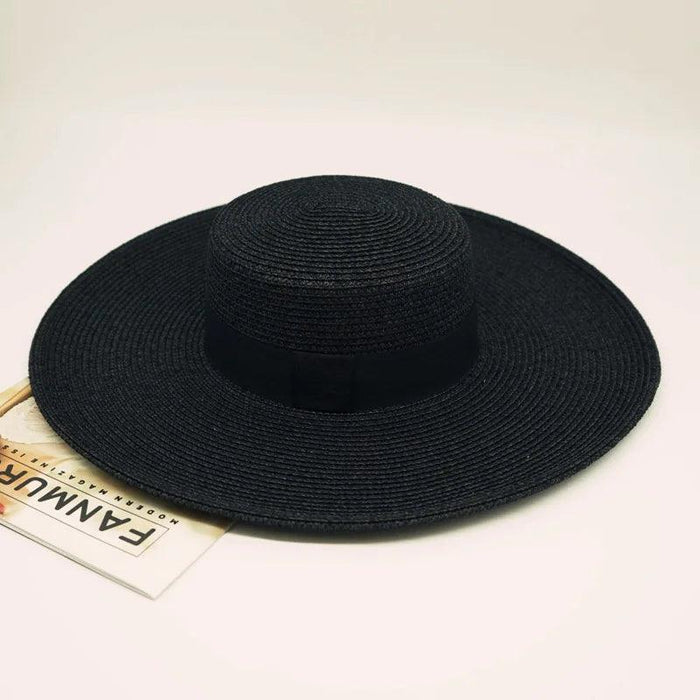 Elegant Black Wide Brim Flat Top Straw Hat for Women - Summer Sunshade Vacation Beach Accessory with French Retro Style
