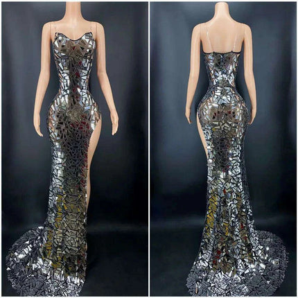 Radiant Silver Formal Gown with Elegant Mesh Accents and Flowing Train