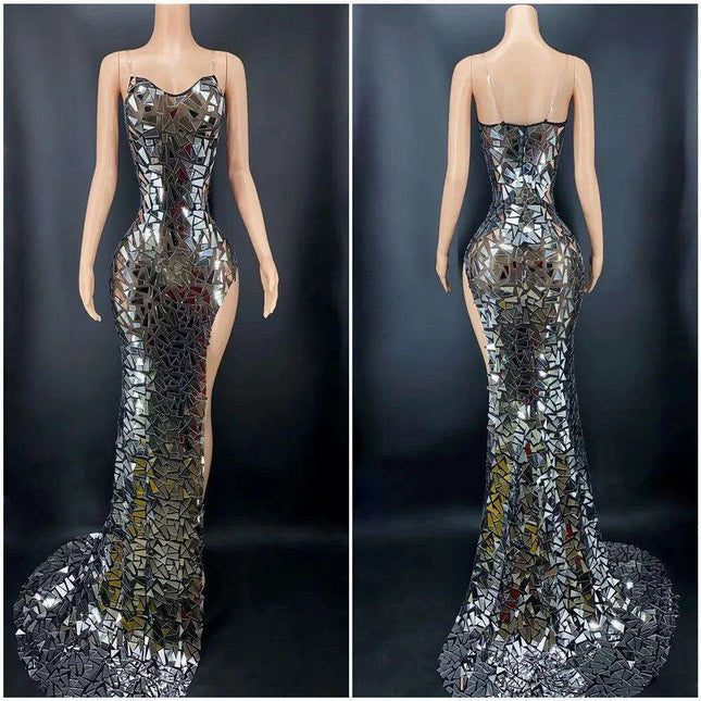 Glistening Silver Sleeveless Floor-Length Gown with Exquisite Train