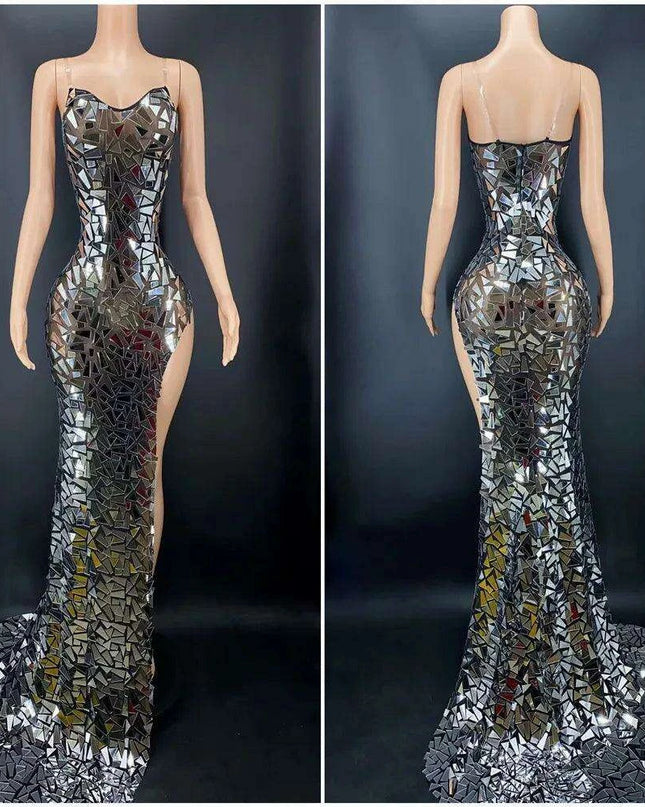 Glistening Silver Sleeveless Floor-Length Gown with Exquisite Train