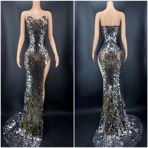 Shimmering Silver Evening Gown with Sleeveless Style and Dramatic Train