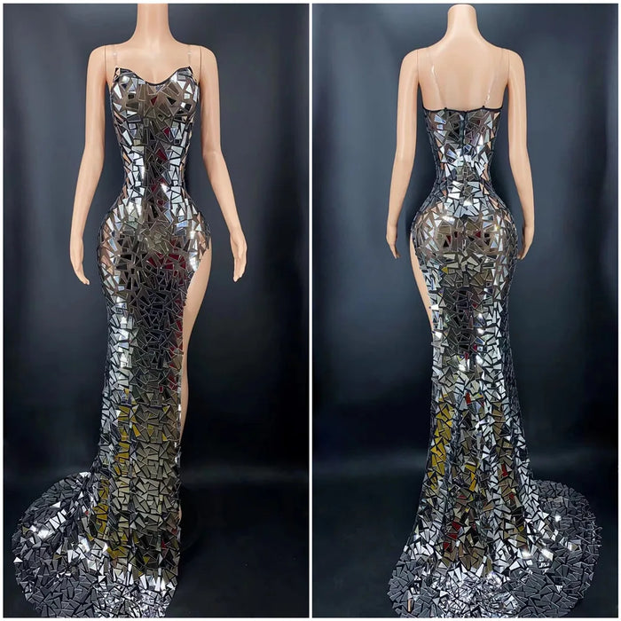 Elegant Silver Mirror Evening Dress with Sleeveless Design and Statement Train