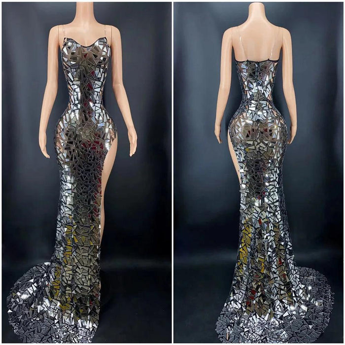 Glistening Silver Sleeveless Floor-Length Gown with Exquisite Train