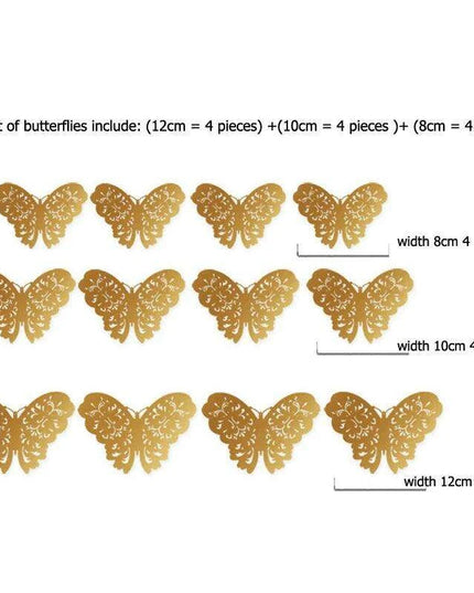 Set of 12 Elegant 3D Butterfly Wall Stickers - Self-Adhesive Decorative Accents in Gold and Silver for Home and Event Decor