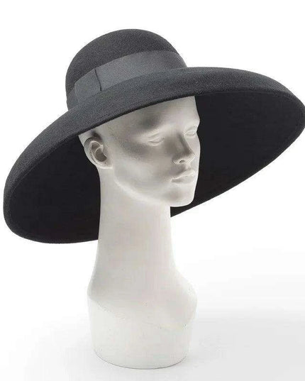 Elegant Black Felt Wide Brim Floppy Hat with Satin Ribbon - Perfect for Winter Celebrations and Chic Events