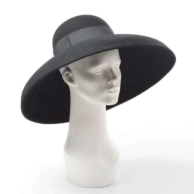 Elegant Black Felt Wide Brim Floppy Hat with Satin Ribbon - Perfect for Winter Celebrations and Chic Events