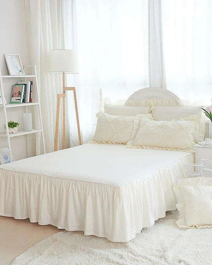 Beige Handmade Pleated Princess Quilt Set with Ruffles - 100% Cotton Luxury Bedding