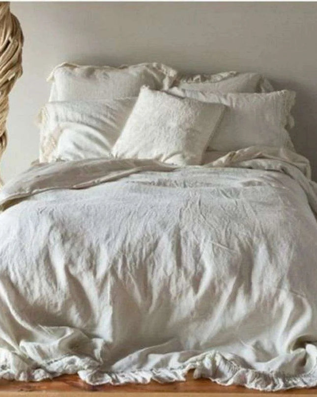 Ruffled White Washed Linen Duvet Cover - Luxurious French Flax Bedding for Queen and King Size Beds