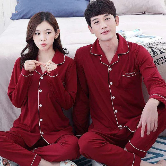 Cozy Autumn Couples Cotton Pajama Set - Stylish Long-sleeve Sleepwear for Him and Her