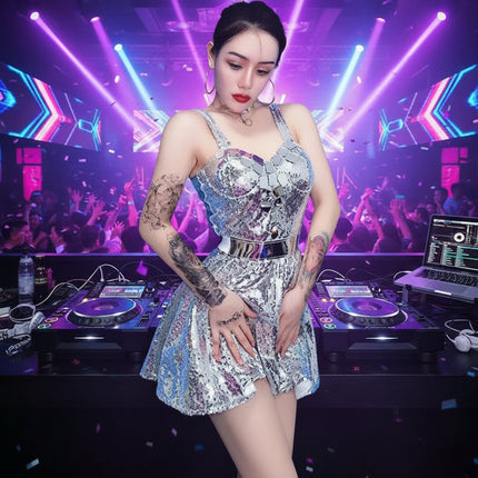 Dazzling Silver Sequin Off-Shoulder Dance Gown