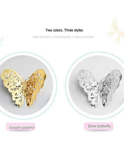Set of 12 Elegant 3D Butterfly Wall Stickers - Self-Adhesive Decorative Accents in Gold and Silver for Home and Event Decor