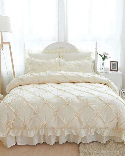 Beige Handmade Pleated Princess Quilt Set with Ruffles - 100% Cotton Luxury Bedding