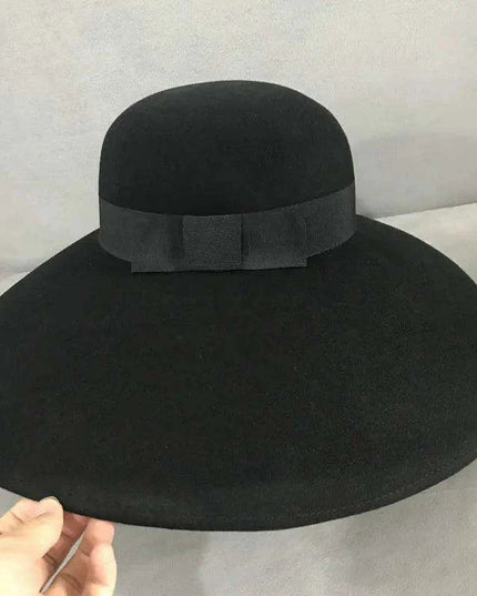 Elegant Black Felt Wide Brim Floppy Hat with Satin Ribbon - Perfect for Winter Celebrations and Chic Events