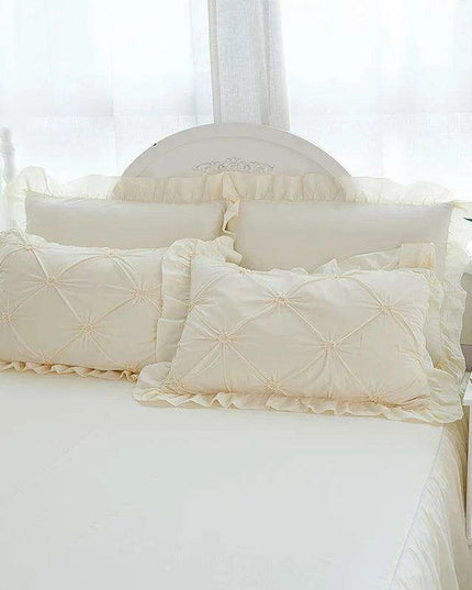 Beige Handmade Pleated Princess Quilt Set with Ruffles - 100% Cotton Luxury Bedding