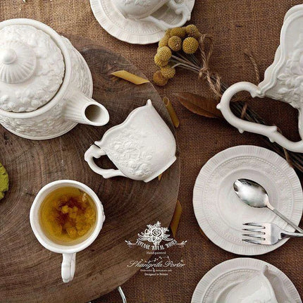 Sophisticated Rose-Embossed Ceramic Coffee Mug Set with Matching Plates and Bowls - Elevate Your Dining Experience