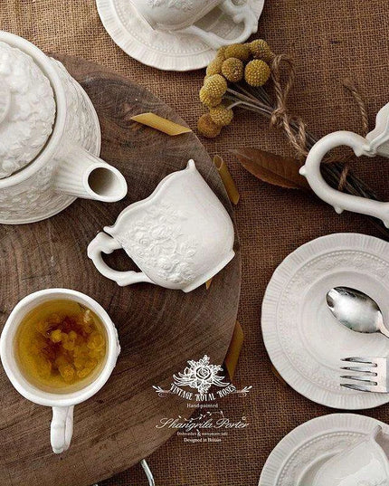 Sophisticated Rose-Embossed Ceramic Coffee Mug Set with Matching Plates and Bowls - Elevate Your Dining Experience