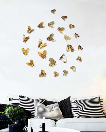 Set of 12 Elegant 3D Butterfly Wall Stickers - Self-Adhesive Decorative Accents in Gold and Silver for Home and Event Decor