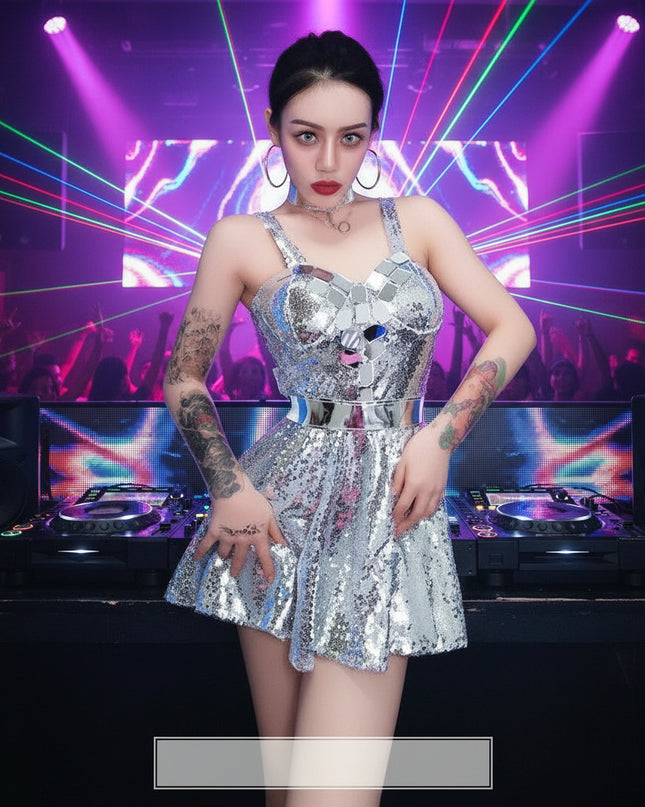 Dazzling Silver Sequin Off-Shoulder Dance Gown