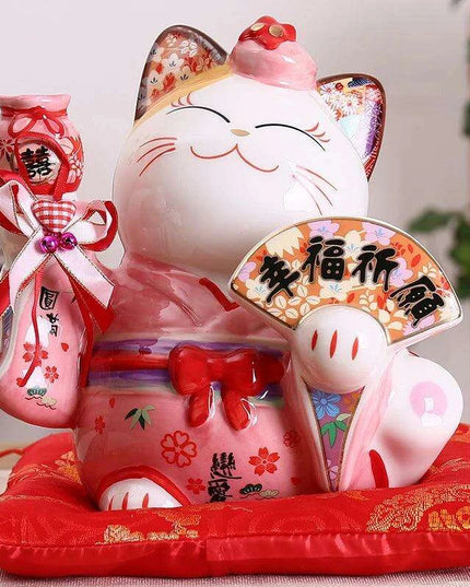 Hand-Painted 8-Inch Ceramic Maneki Neko Lucky Cat Bank - Japanese Charm for Home Decor and Thoughtful Gifting