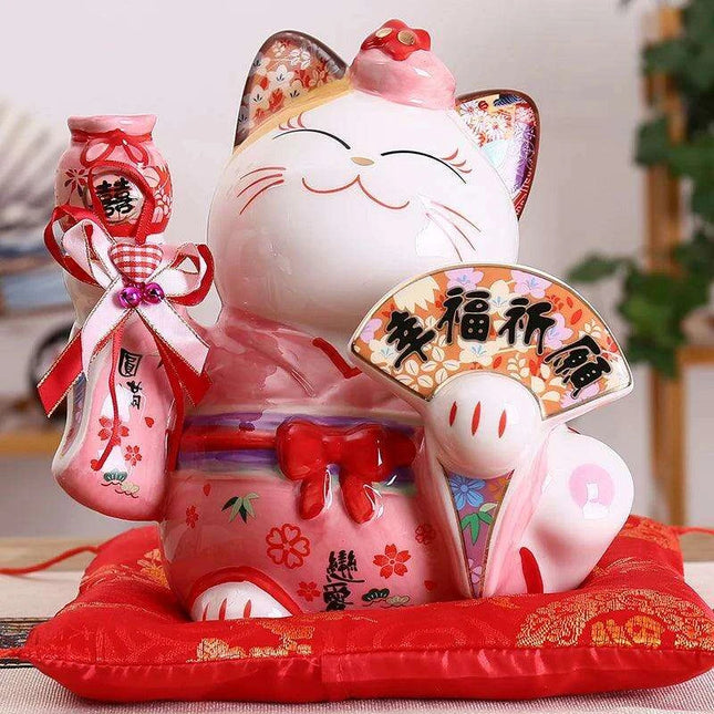 Hand-Painted 8-Inch Ceramic Maneki Neko Lucky Cat Bank - Japanese Charm for Home Decor and Thoughtful Gifting