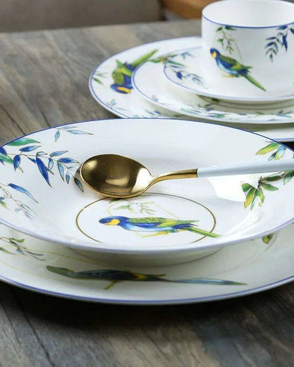 Colorful Parrot-Themed Porcelain Dining Collection: Bowl, Cup, Saucer, and Serving Tray