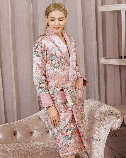 Elegant Winter Silk Robe: Stylish Long-Sleeved Printed Loungewear for Cozy Comfort