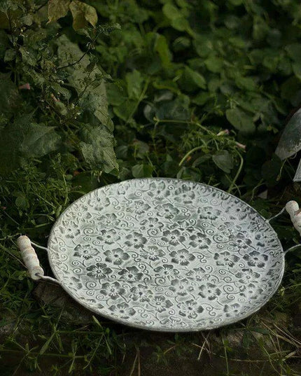 Antique-Style Round Metal Serving Tray with Rustic Wooden Handles for Cakes and Breads