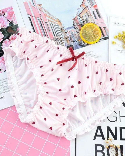Charming Ruffled Satin Heart Print Panties for Women - Delightfully Cute Seamless Underwear