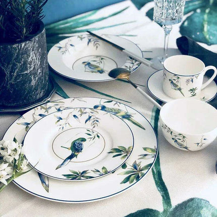 Colorful Parrot-Themed Porcelain Dining Collection: Bowl, Cup, Saucer, and Serving Tray