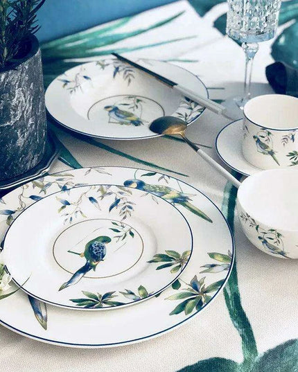 Colorful Parrot-Themed Porcelain Dining Collection: Bowl, Cup, Saucer, and Serving Tray