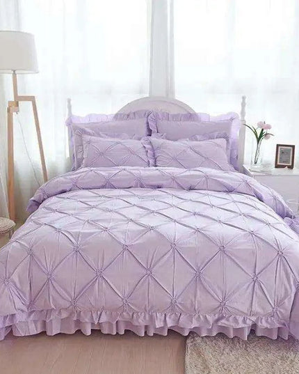 Beige Handmade Pleated Princess Quilt Set with Ruffles - 100% Cotton Luxury Bedding