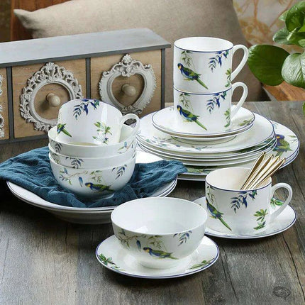 Colorful Parrot-Themed Porcelain Dining Collection: Bowl, Cup, Saucer, and Serving Tray