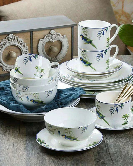 Colorful Parrot-Themed Porcelain Dining Collection: Bowl, Cup, Saucer, and Serving Tray