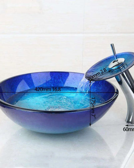 Elegant Blue Glass Round Vessel Sink and Chrome Faucet Set with Pop-Up Drain Kit